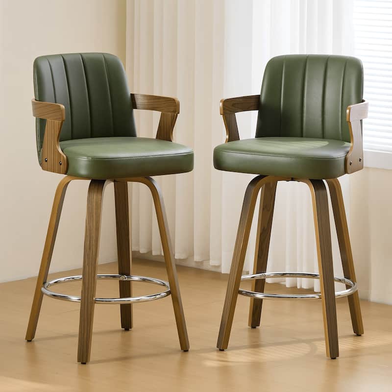 Upholstered Swivel Barstool with Arms and Bentwood Legs - 40.8"H x 18.9"W x 19.5"D/19.3"D