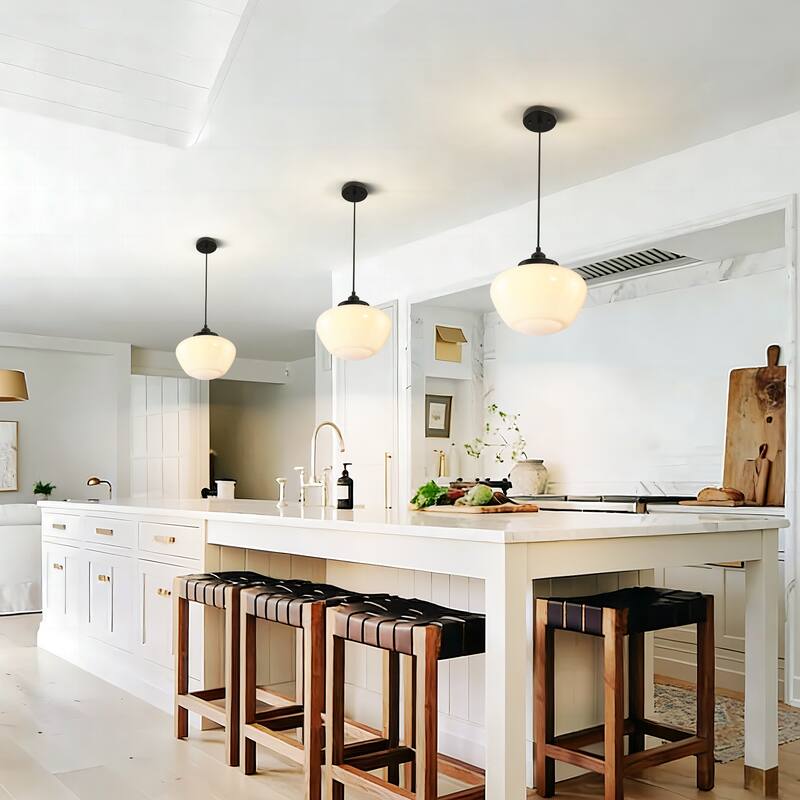 1-Light Mid-Century Modern Brass/Black Frosted Glass Globe Dome Pendant Light