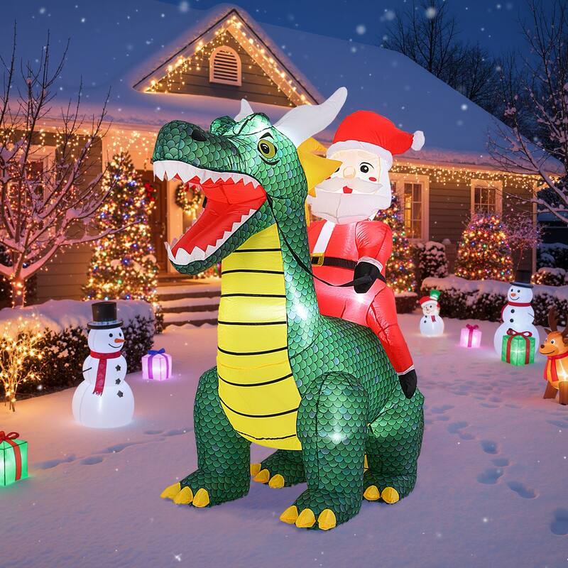 Gymax 6.7 FT Christmas Inflatable Santa Claus Ride on Dinosaur