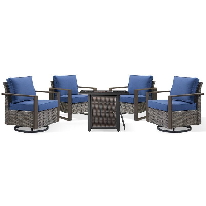 Meyreso 5-Piece Wicker Patio Conversation Set with Metal Fire Pit & Plush 4.5" Olefin Cushions