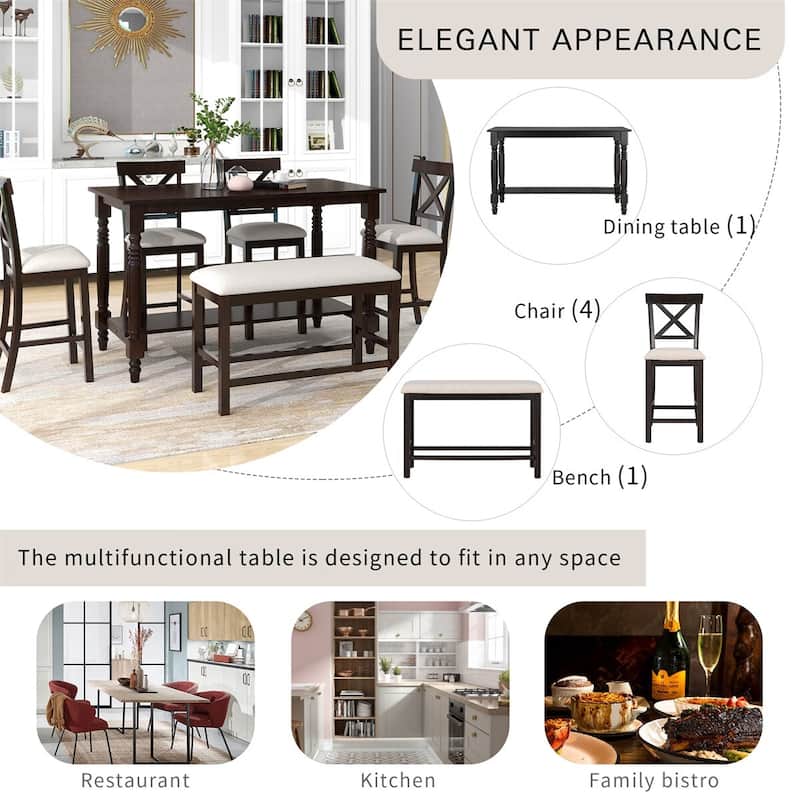 Merax 6-Piece Counter Height Dining Set with Shelf, Upholstered Seat