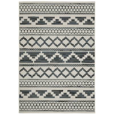 Roseville Beige Blue Geometric Outdoor Casual Area Rug