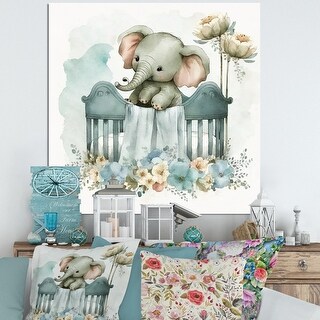 Designart 'Baby Elephant In Crib With Flowers I' Animals Canvas Wall Art