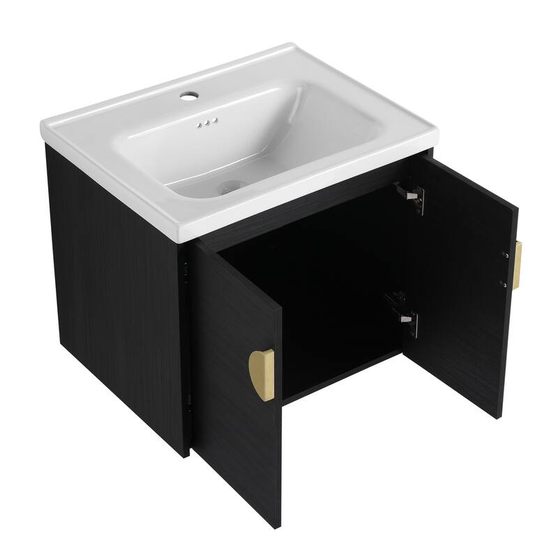 59.6-Inch Wall-Mounted Vanity with Scratch-Resistant Plywood Base and Two Ceramic Basins - 59.6in L