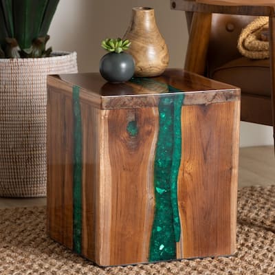 Anan Teak Wood Epoxy Resin End Table - Live Edge Cube Side Table, Handcrafted Modern Rustic Accent Table