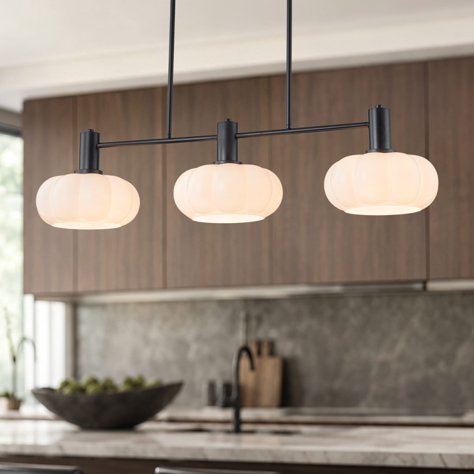 3 Light Linear Pendant Light Opal Pumpkin Glass Shades Kitchen Island - 3-Light