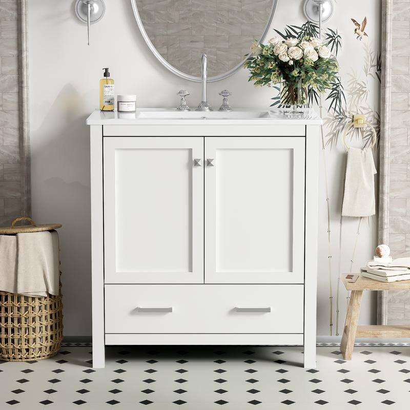 30" Black Solid Wood Bathroom Vanity Set - Undermount Sink Combo with 2 Doors, 1 Drawer & Soft-Close Mechanism‌