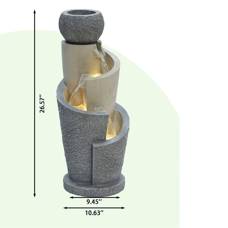 Gray Resin Cascading Spiral Outdoor Fountain with LED Lights