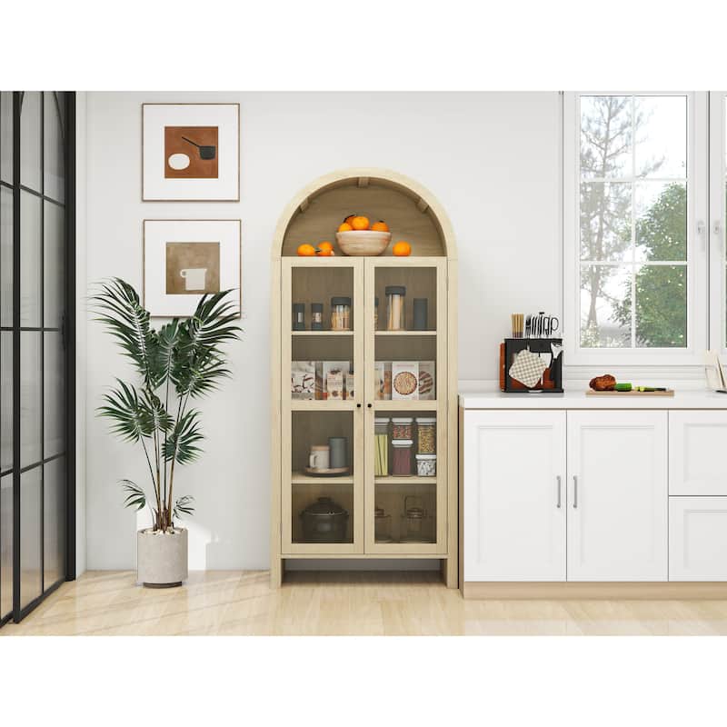 Roomfitters 70.28" Tall Arched Kitchen Pantry Cabinet, Modern Farmhouse Storage Cabinet with Glass Doors, Natural