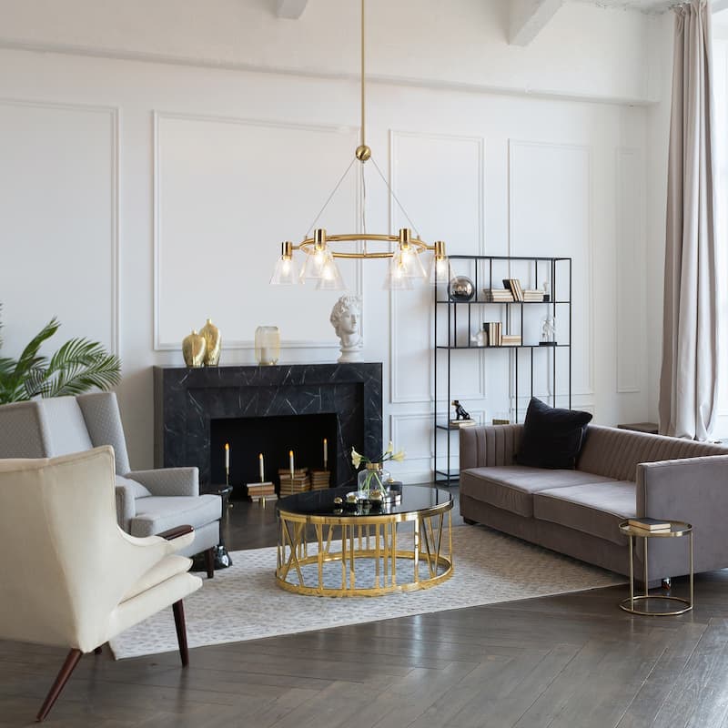 Veyra Modern 6-Light Gold Wagon Wheel Chandelier with Seeded Glass Shades - Brushed Electroplated Copper - Dia.27"xH21"