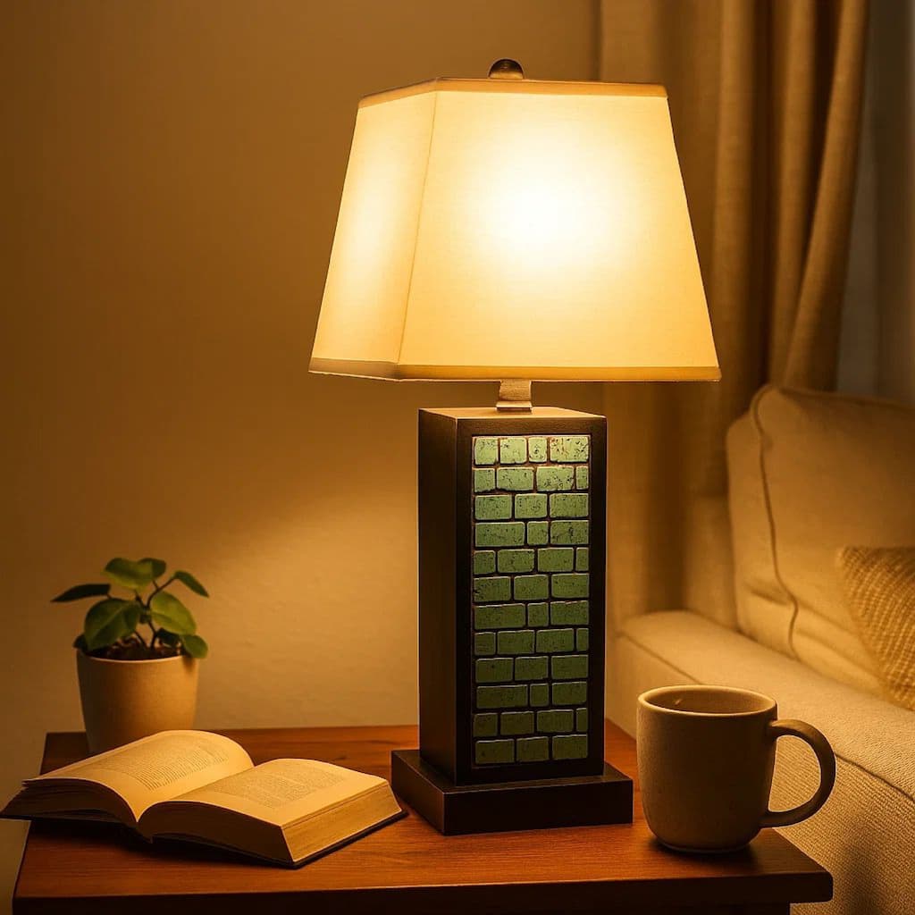 Rectangular Metal Frame Table Lamp Set of 2 with Brick Pattern, White and Blue