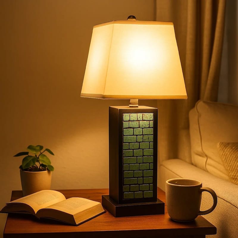 Rectangular Metal Frame Table Lamp Set of 2 with Brick Pattern, White and Blue