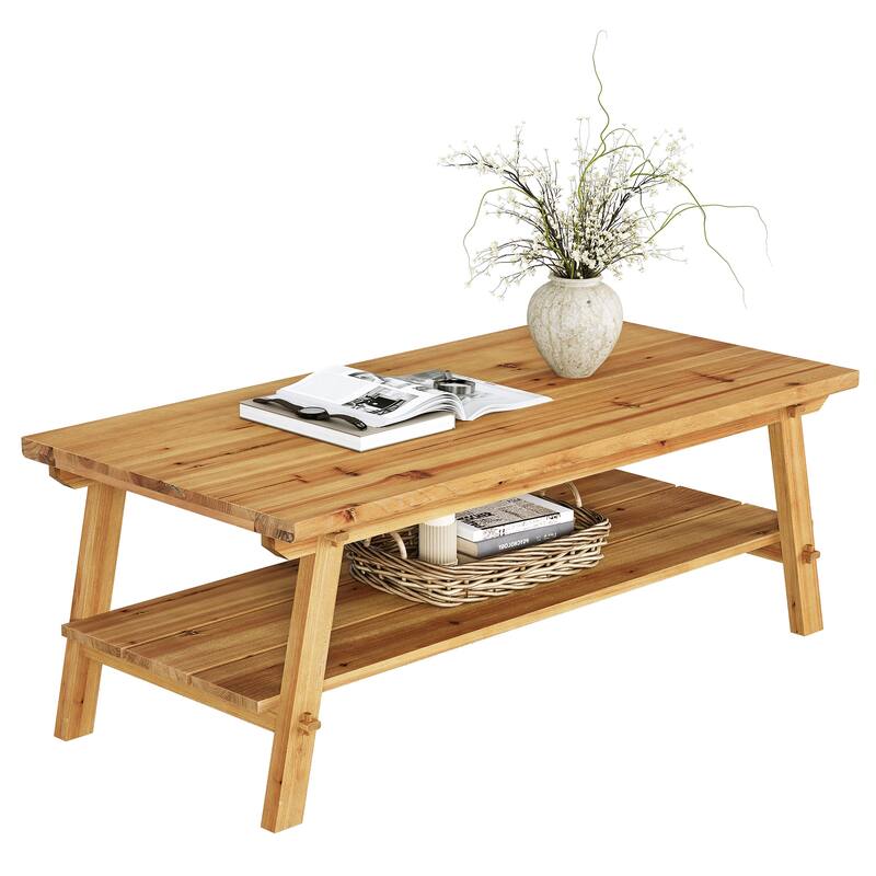 Solid Wood Coffee Table with Storage, Living Room Center Tea Table Accent Side Table