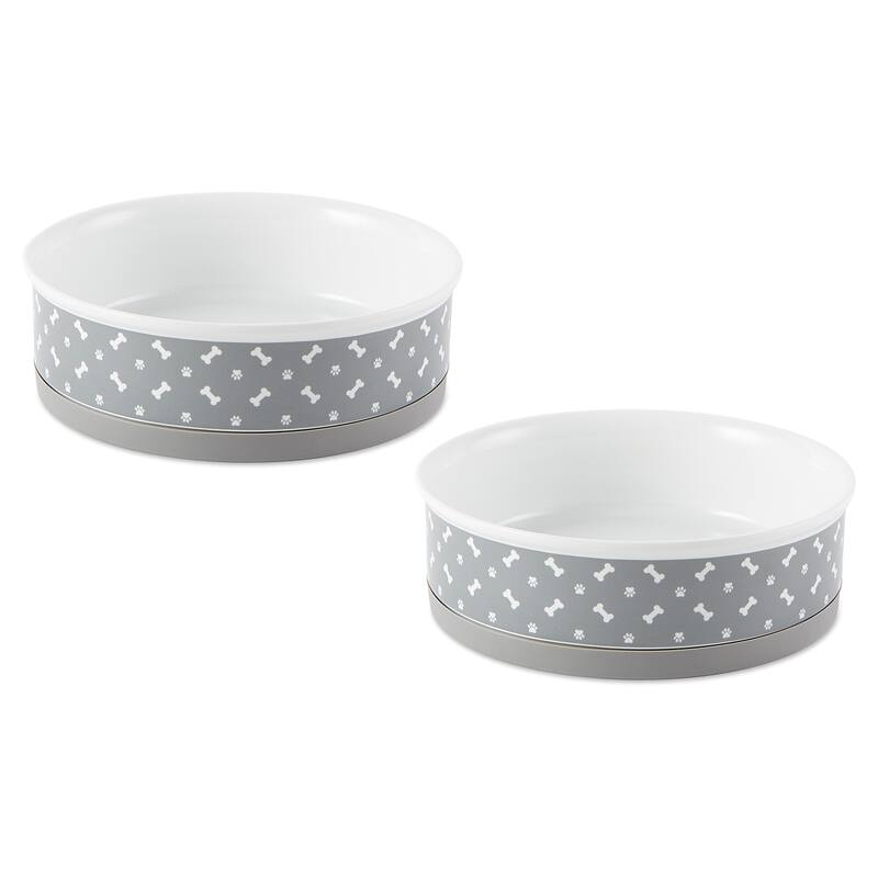 DII Pet Bowl Black Paw Print Gray Small 4.25dx2h (Set of 2)