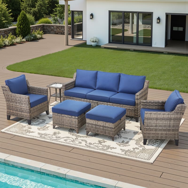 Glissia 6-Piece Gray Wicker Patio Seating Set with Cushions and Ottomans