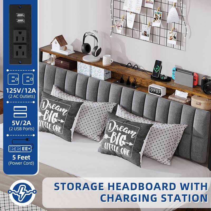 Moasis Lift-Up Storage Bed Frame with Charging Station & Storage Headboard