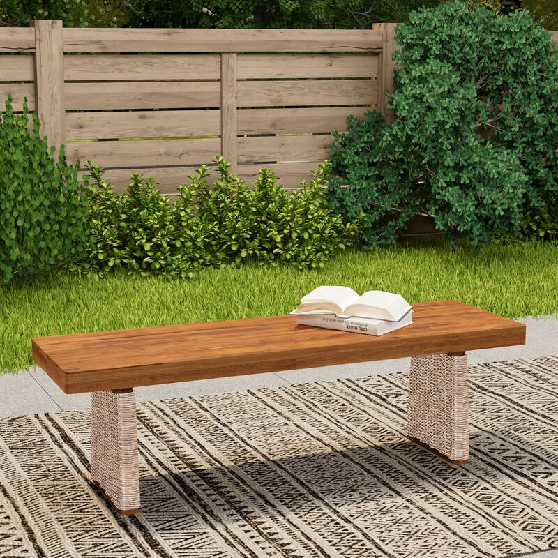 Outdoor 1pcs Acacia Wood Bench, Teak Finish+ Grey Wicker - Brown,Teak