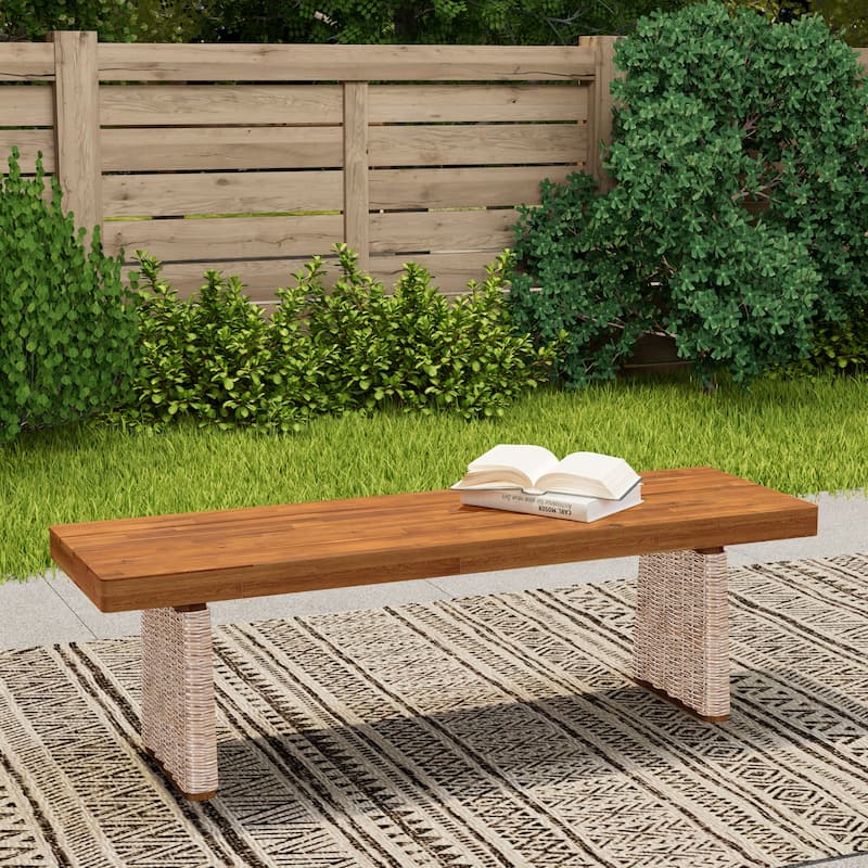 Roomfitters Outdoor Acacia Wood Bench with Wicker Legs, Weather-Resistant Patio Seating - Brown,Teak