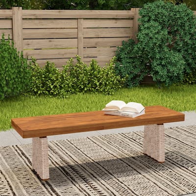 Roomfitters Outdoor Acacia Wood Bench with Wicker Legs, Weather-Resistant Patio Seating