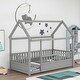 preview thumbnail 25 of 35, Wooden Floor Bed with House Roof Frame and Guardrails
