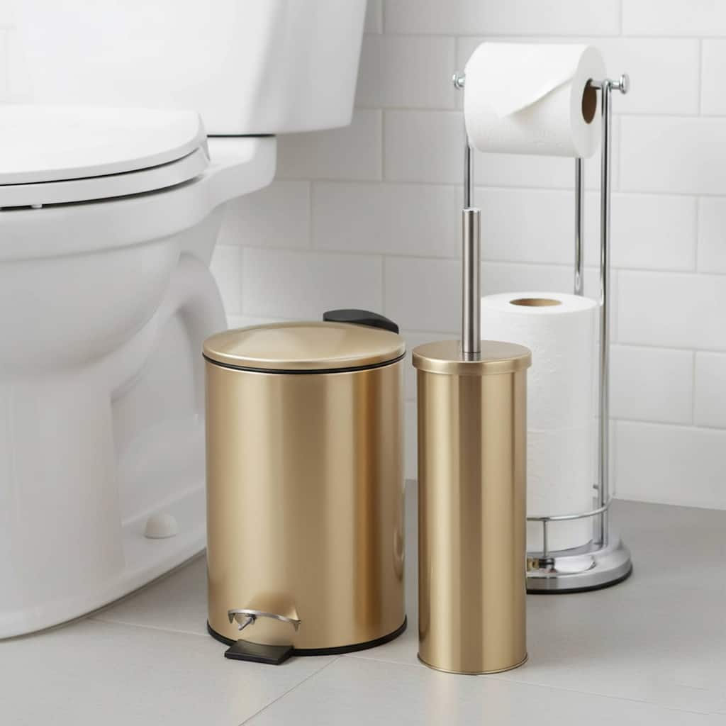 Brushed Gold Bathroom Set 0.8 Gal Trash Can and Toilet Bowl Brush - 6.1"L x 6.1"W x 15"H