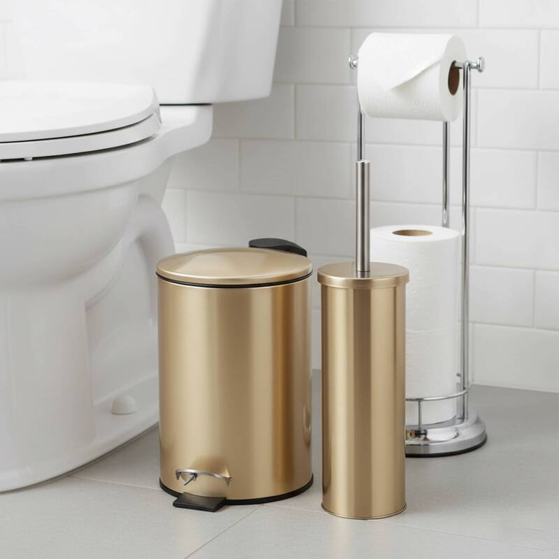 Modern Brushed Gold Toilet Bowl Brush Set with Stainless Steel Handle - 4" L x 4" W x 15" H