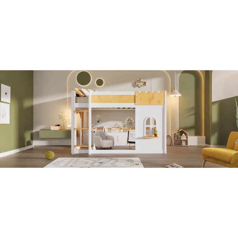 Roomfitters Twin Over Twin/Full Over Full Bunk Bed with Window, Two Doors and Storage Shelves, Natural and White