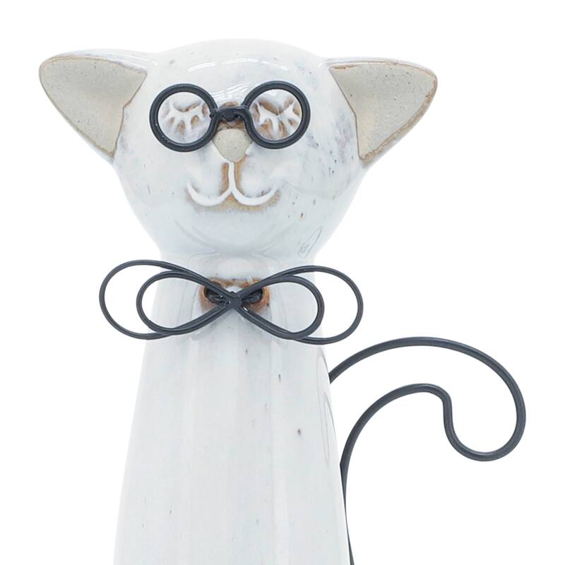 Sagebrook Home Modern Neutral Ceramic Cat with Glasses Figurine