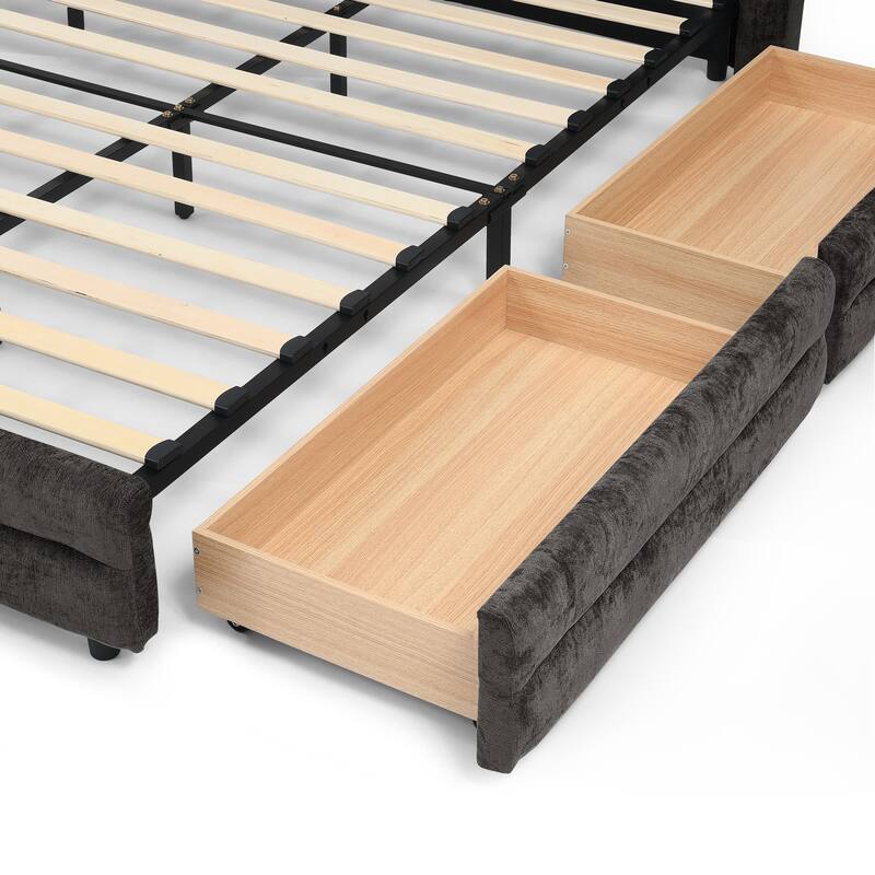 Roomfitters King Size Upholstered Bed Frame with 4 Storage Drawers and Channel Tufted Wingback Platform Bed Base