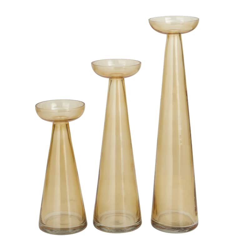 Glass Tapered Cone Candle Holder with Rounded Candle Plates - Set of 3 Green, Gold, Clear - Roche River Decor