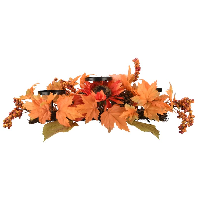 National Tree Company Artificial Fall Centerpiece, Three Candle Holders with Sunflower Blooms, Pinecones, 24 in. - 24 in