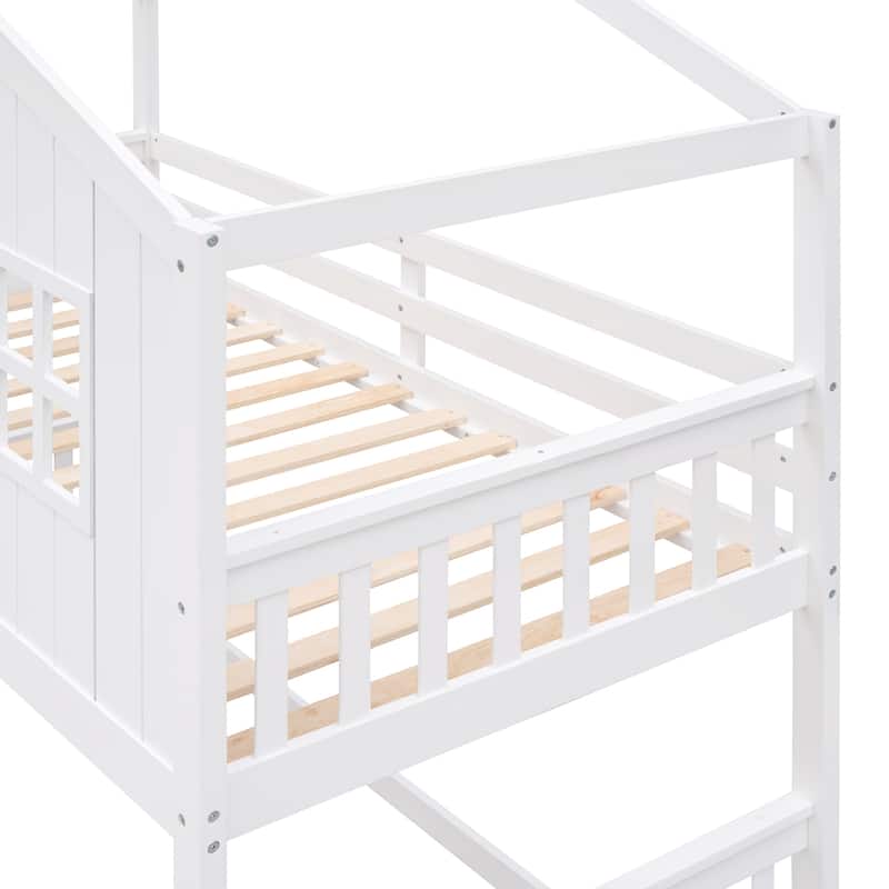 Twin Over Twin House Bunk Bed With Ladder and Fence Wood White Modern Contemporary Urban