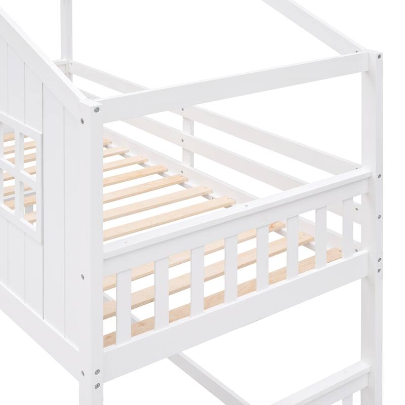 Twin Over Twin Size Playhouse Bunk Bed, Floor Bunkbeds, Solid Wood House Bed Frame with Ladder, Roof & Window, for Kids Teens