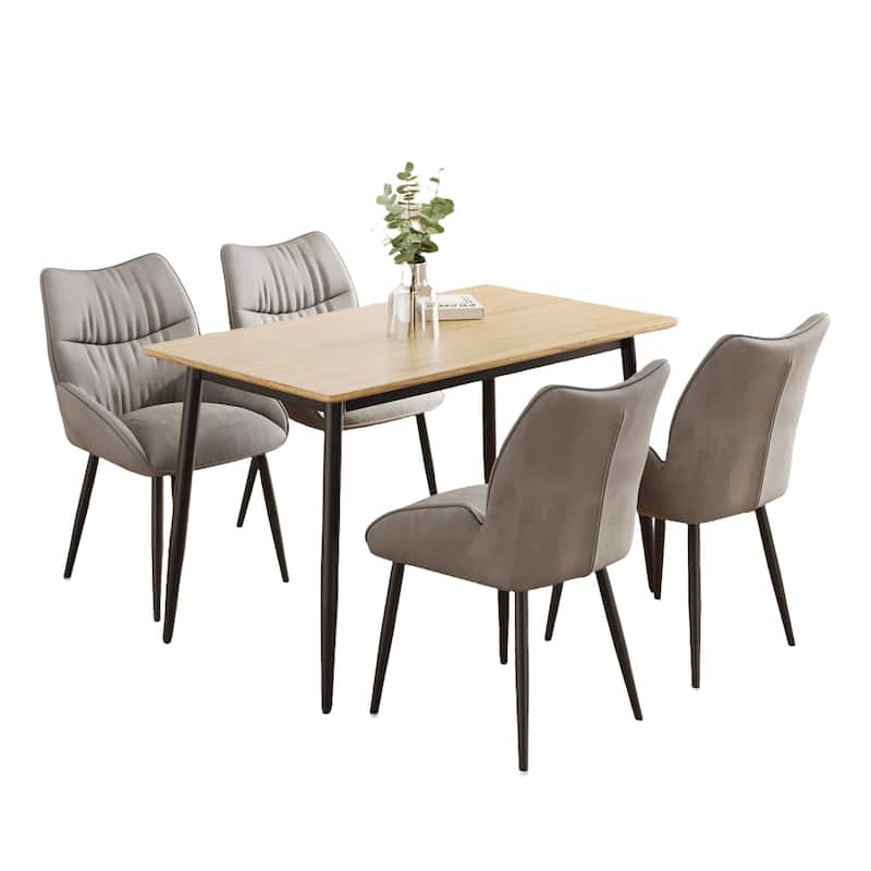Modern Wood Grain Dining Set with Black Metal Legs, Seats 4-6, 5-Pcs - Grey+Natural