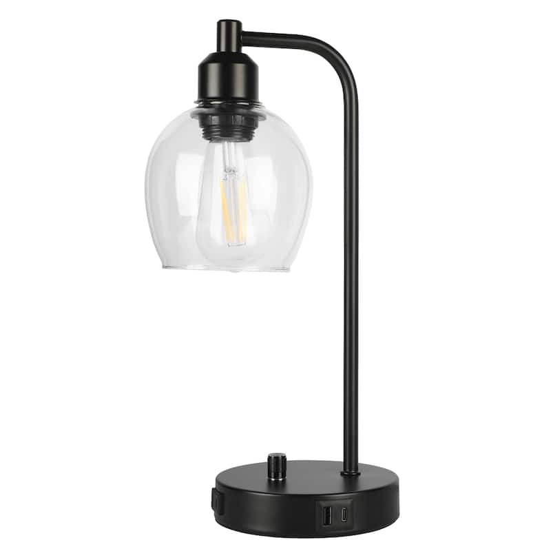 14.5 in. Industrial Table Lamp with Glass Shade with USB Port and Outlet