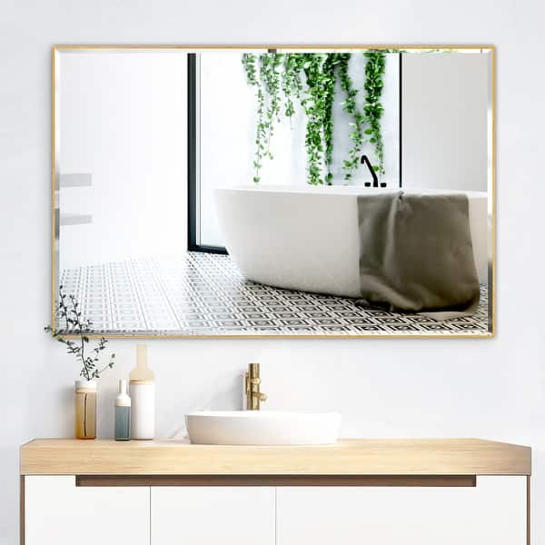 slide 2 of 10, Rectangle Metal Framed Beveled Edge Bathroom Vanity Mirror 36"W x 24"H - Gold