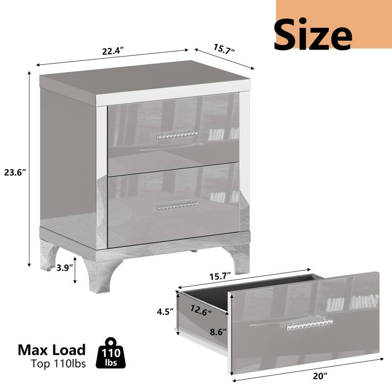 High Gloss Mirrored Nightstand with 2 Drawers,Modern End Table with Drawers,Mirrored High Gloss Wood Nightstand Metal Handle
