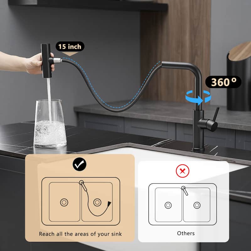Single Handle Stainless Steel Pull-out Kitchen Faucet with Wide Spray