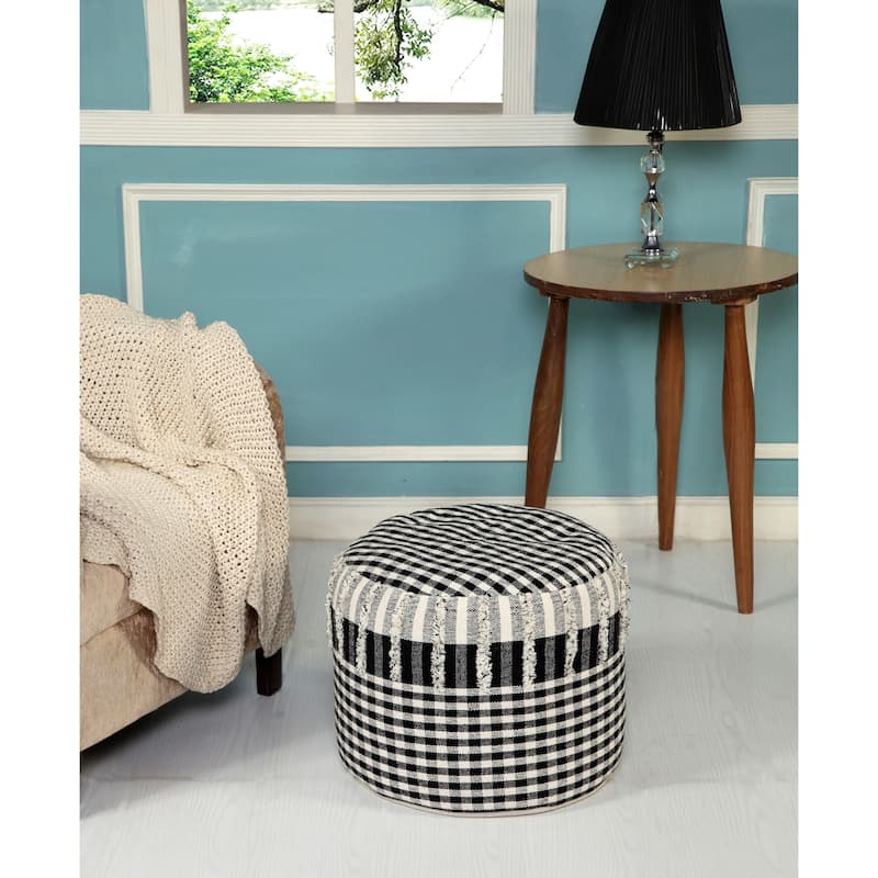 Multi-Purpose Checkered Pouf Ottoman 18” Cotton Upholstered Cylinder Versatile Seating or Footrest