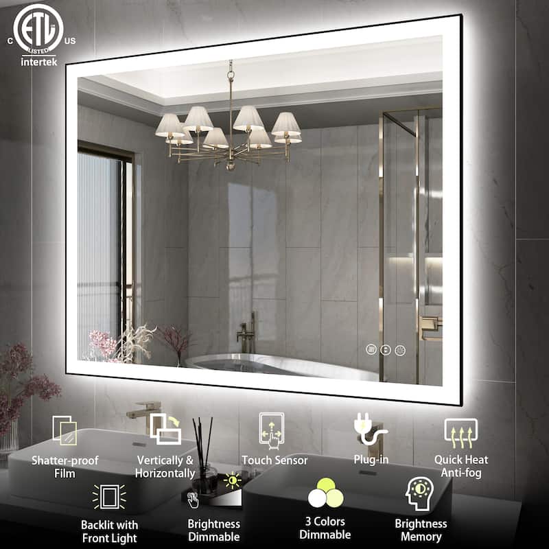 Rectangular Aluminum Framed Backlit and Front Light LED Wall Bathroom Vanity Mirror - N/A