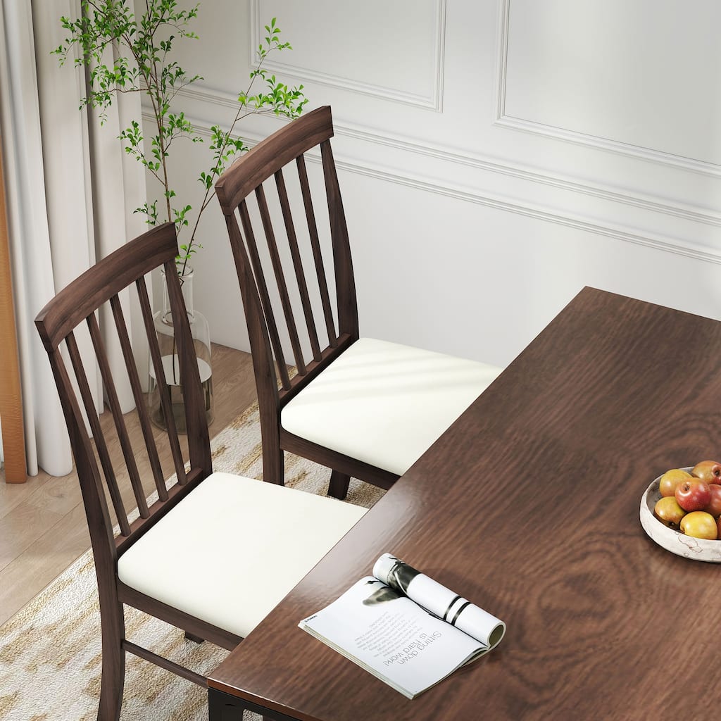 Dark Brown Beige Rubberwood Dining Chairs Set of 2 with Foam Seats - 17.1" W x 20.1" D x 37" H