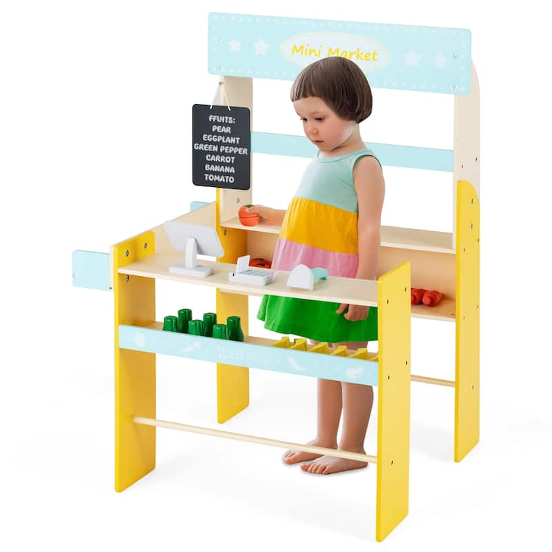 Kid's Pretend Play Grocery Store with Cash Register and Blackboard-Blue - 27.5" x 25" x 40"