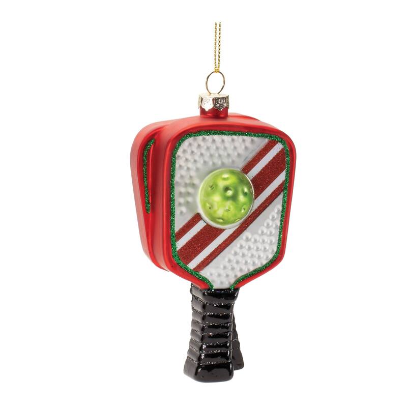 Pickleball Racket Tree Ornaments Glass Holiday Set of 6 - 2.25” x 1.25” x 5” - Red/Black