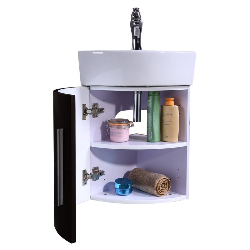 Corner Vanity Sink Myrtle 16.5" White Porcelain Sink With Black Cabinet, Faucet And Drain Renovators Supply