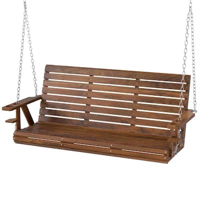 Fir and Pine Wood 3 Seater Outdoor Swing Chair with Cupholders Adjustable Chains for Patio Garden Deck - 63" W x 26.4" D x 24" H