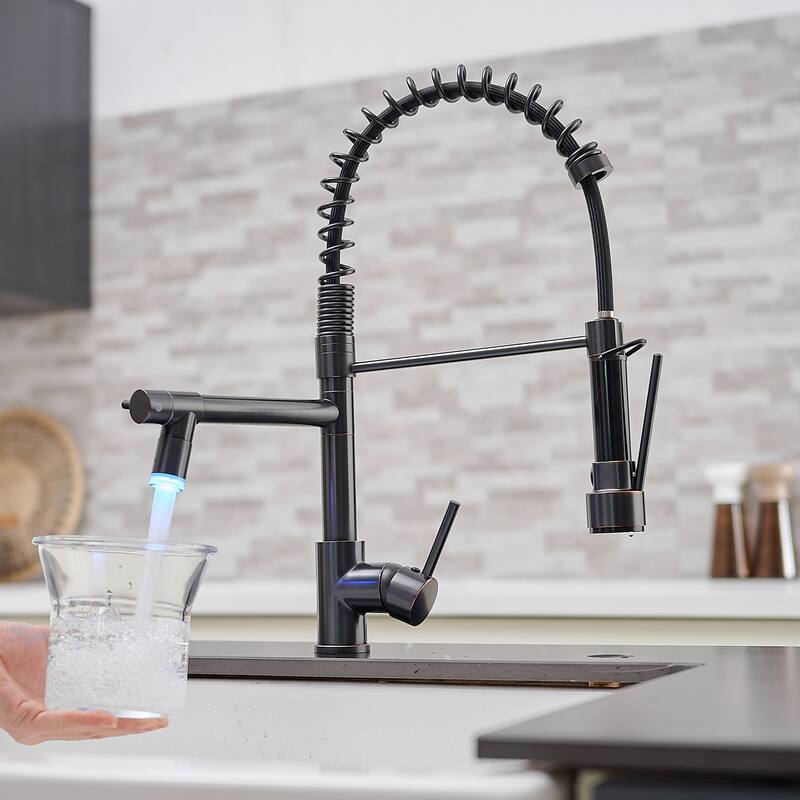 Single-Handle Double-Spout Oil Rubbed Bronze Pull Down LED Kitchen Faucet