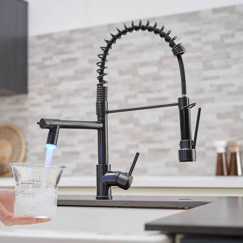 Single Handle Pull-down 2-Spout Kitchen Faucet with LED Light - 9.25''W x 19.48''H - 9.25''W x 19.48''H - Black