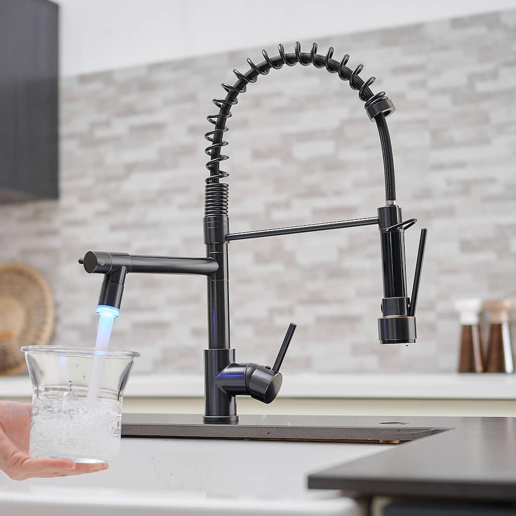 Single Handle Pull-down 2-Spout Kitchen Faucet with LED Light - 9.25''W x 19.48''H