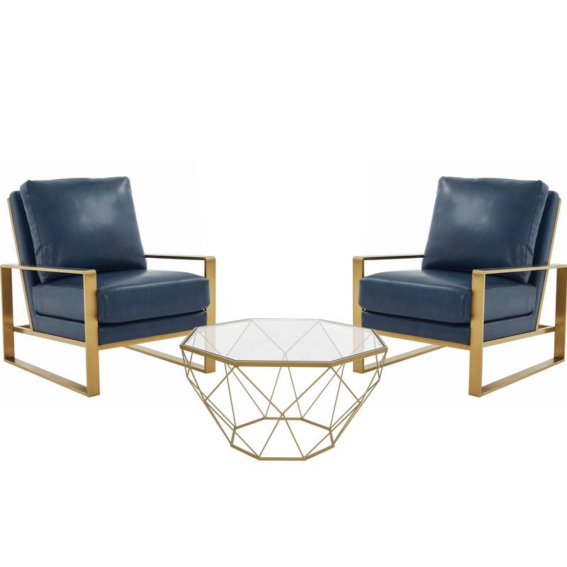 LeisureMod Jefferson 3-Piece Leather Armchairs and Geometric Coffee Table Set - 36"