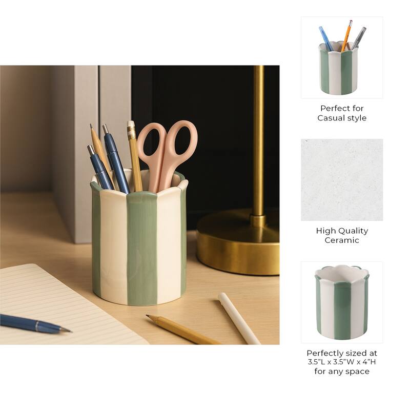 Boho Striped Ceramic Storage Container with Scalloped Rim - 4"